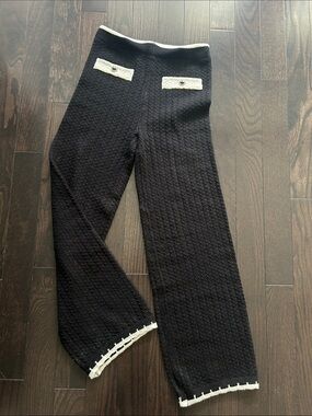 Ladies Black Knit Wide-Leg Pants with White Trim